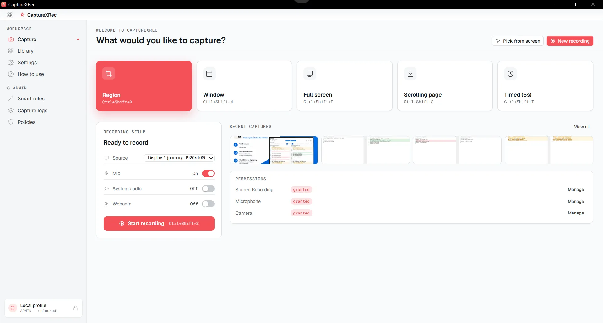CaptureXRec capture workspace — region, window, full screen, scrolling page, and timed capture modes with recording setup