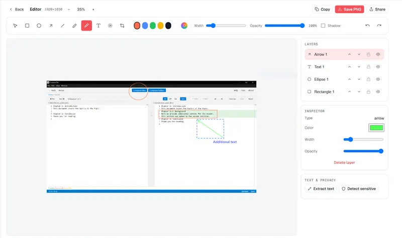 CaptureXRec image editor — toolbar, canvas, layers, inspector, and a text-and-privacy panel with extract-text and detect-sensitive controls.
